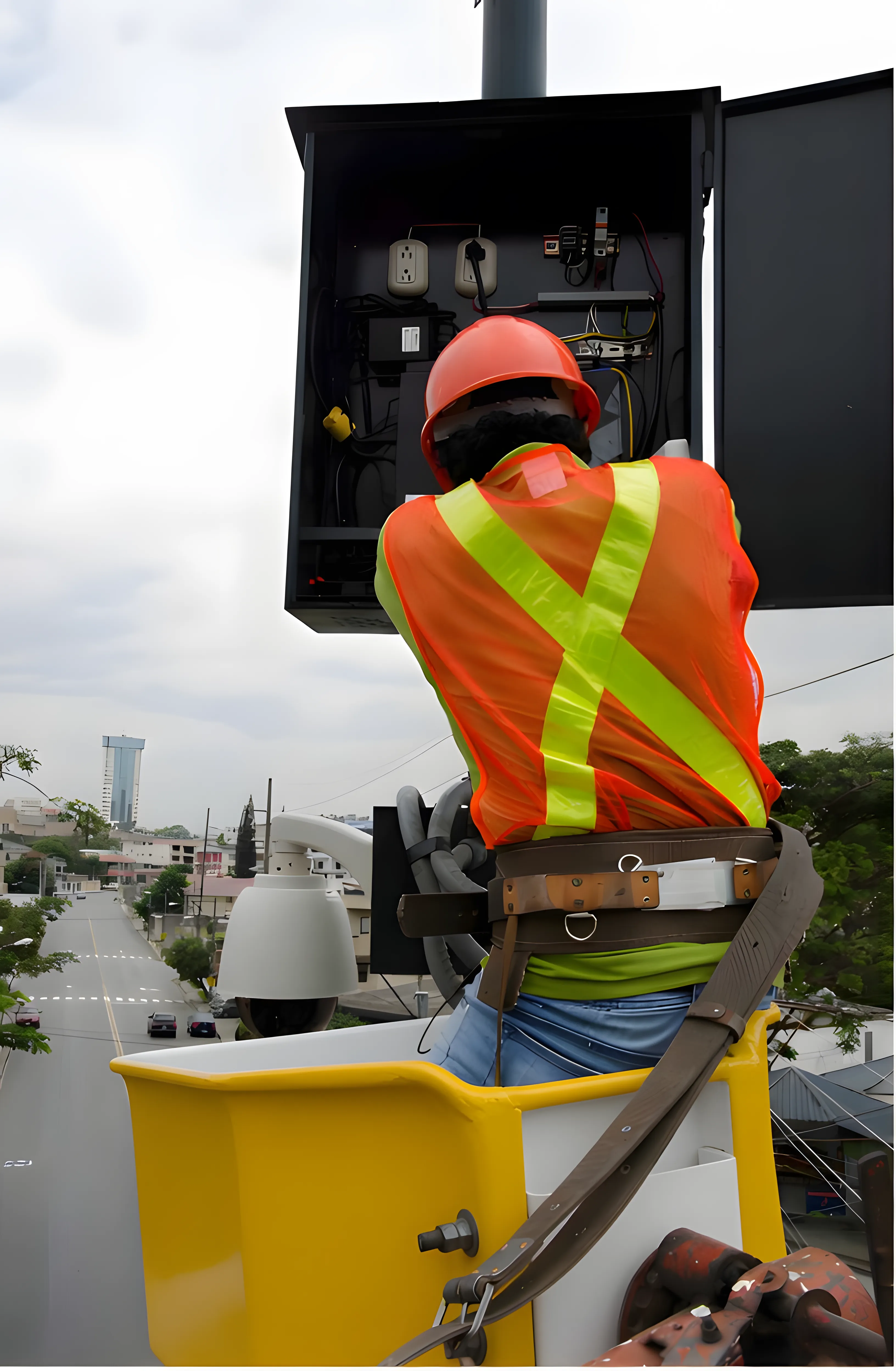 Técnico de DILEXSA trabajando en altura en Guayaquil instalando cámaras de seguridad